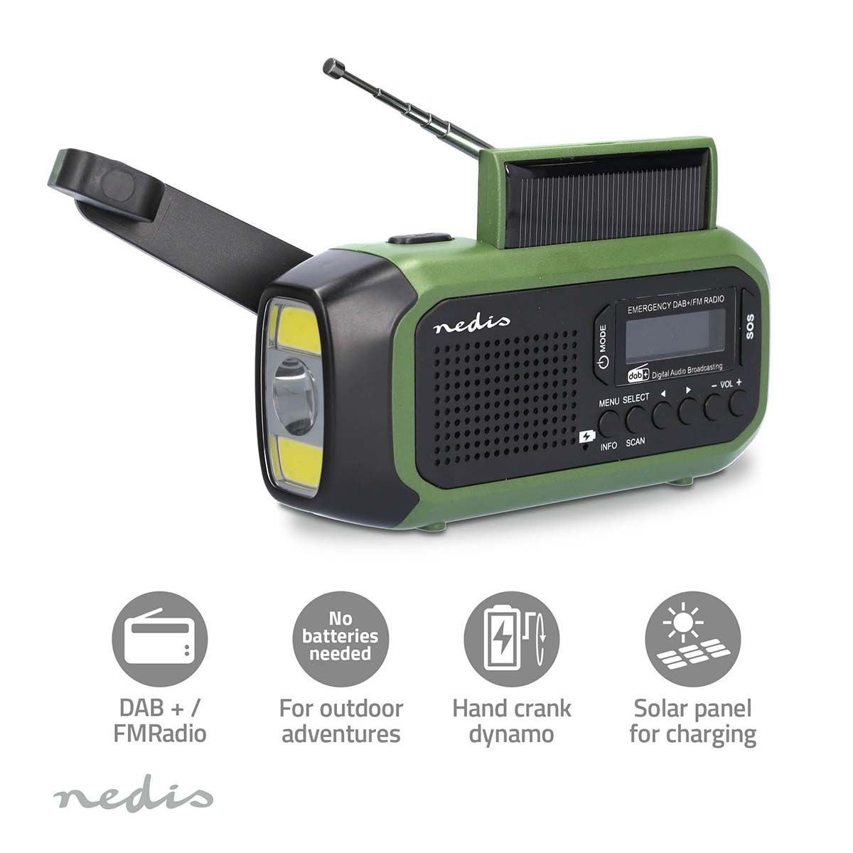 DAB+ Radio Med Batteri, Solcelle og Dynamolading - Nedis Nødradio