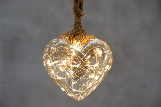 Hovedbilde Glasshjerte Med 30 Led-Lys og Hampetau