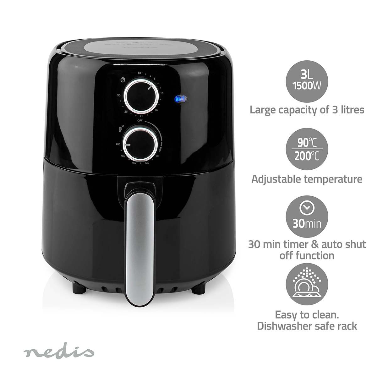 Air Fryer, 3 Liter, 30 min timer - Sort - Nedis